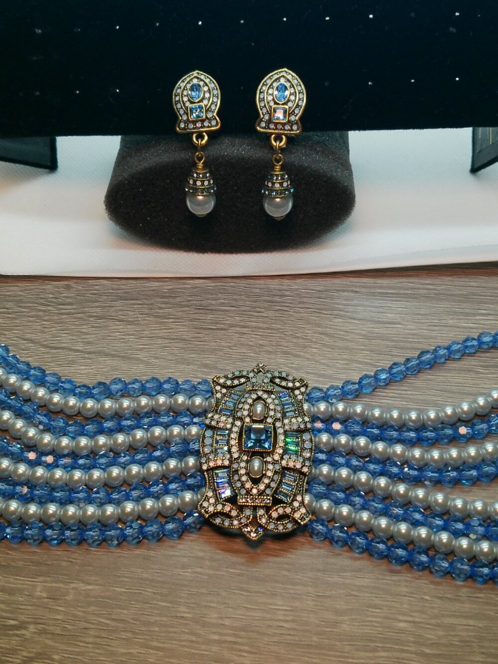 Heidi Daus Art Deco Blue Faux Pearl Crystal Beads Multi Strand Choker& Earrings